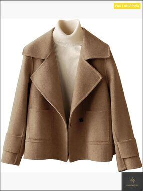 Cropped Wool Pea Coat Notched Lapel Double-Breasted with Pockets Slim Fit